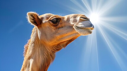 Obraz premium A camel smiling against the blue sky with sun rays, closeup portrait.