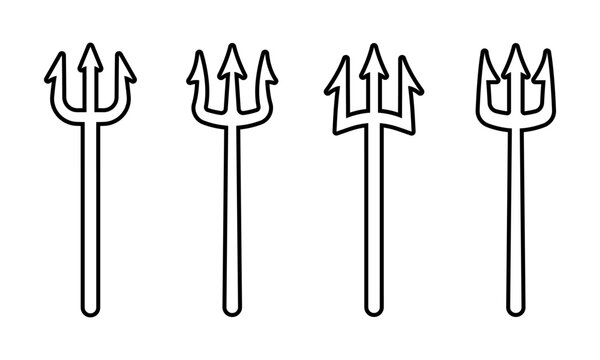Set of linear trident devil or satan vector icons. Pitchfork Poseidon or Neptune. Symbol hell and evil.