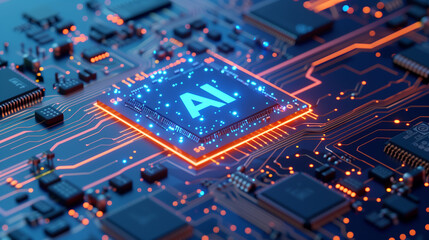 Fototapeta premium A computer chip with the word AI on it. The chip is blue and orange