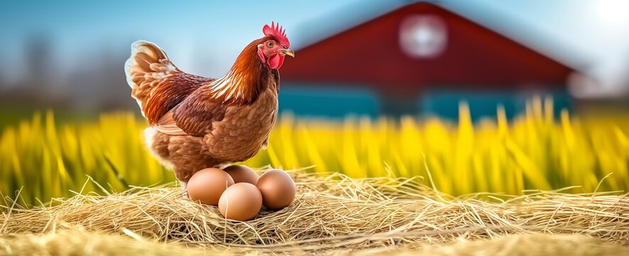 A hen sitting on eggs in the sun, green grass and barn in the background. Farm life wide panoramic banner with copy space.