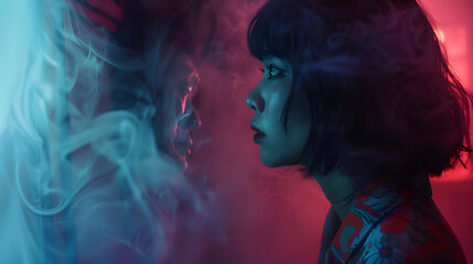 A woman with a cigarette in her mouth is looking at her reflection in a mirror, ghoust, halloween concept
