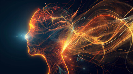 A digital overlay of brainwave patterns on a person's profile, showing the intricate activity of the mind. Dynamic and dramatic composition, with cope space