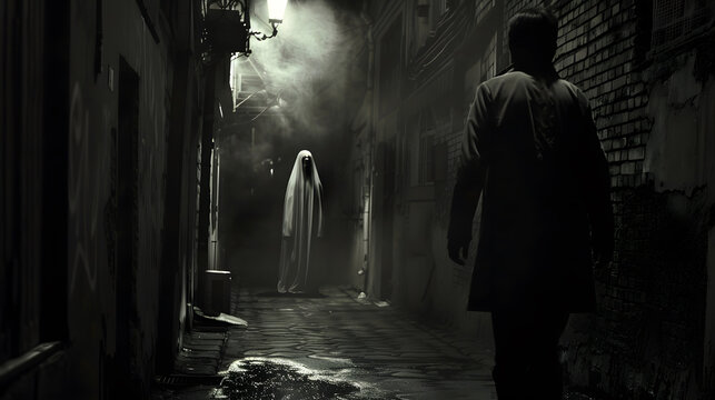 A man and a ghost walk down a dark alley, ghoust, halloween concept