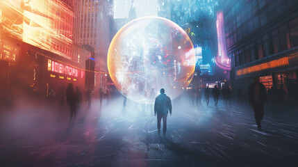 A person walking through a busy cityscape, with a bubble of calm light around them, signifying focused consciousness amid chaos. Dynamic and dramatic composition, with cope space - Powered by Adobe