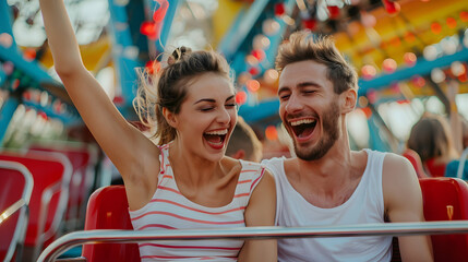 Naklejka premium A couple is riding a roller coaster and laughing