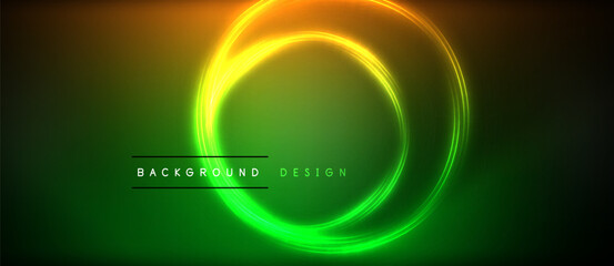 Neon glowing circle rays, light round lines in the dark, planet style neon wave lines. Energetic electric concept design for wallpaper, banner, background