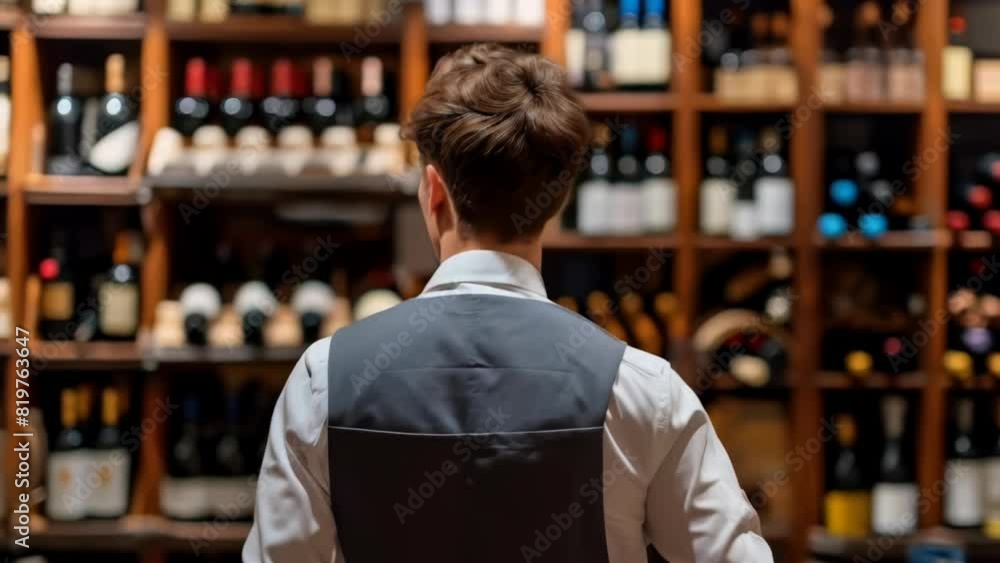 Poster a man in a vest stands in front of a wine rack. he is looking at the bottles and seems to be conside