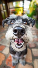 An excited miniature schnauzer dog smiling at the camera, high angle view.