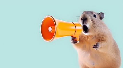 Big rodent announcing using hand speaker. Notifying, warning, announcement.
