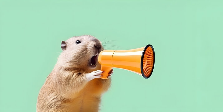 Big rodent announcing using hand speaker. Notifying, warning, announcement.