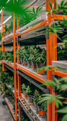 shelves neatly organized with medical cannabis pots