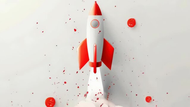 A red and white rocket is flying through the air with a trail of smoke behind it. The rocket is surrounded by a few small red objects, which could be stars or planets