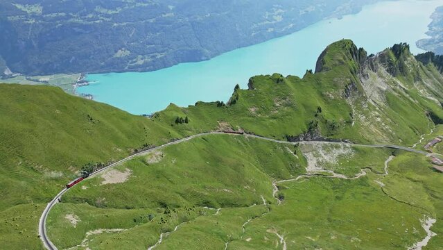 Aerial footage of the steam train on the railway line on Brienzer Rothorn Mountain, Switzerland