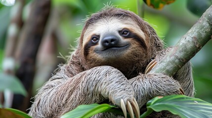 Fototapeta premium Cute sloth hanging on a tree in the jungle, smiling and looking at the camera.