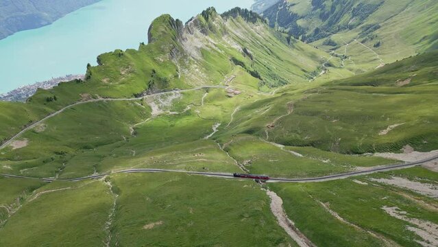 Aerial footage of the steam train on the railway line on Brienzer Rothorn Mountain, Switzerland