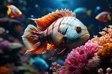 Obraz premium Colorful tropical fish in the aquarium. Underwater world with corals and tropical fish.
