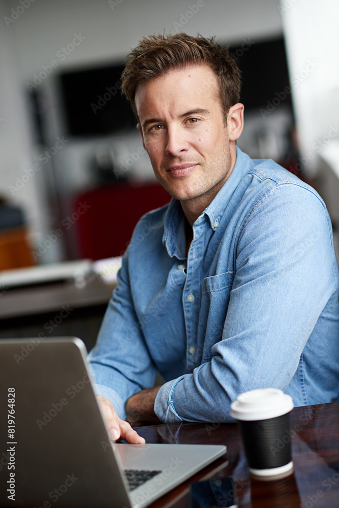 Poster Businessman, computer and portrait in office for startup project, research and programming at desk. Graphic designer, pride and technology for email, coding and cybersecurity in creative agency