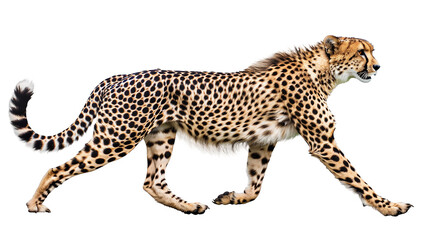 Fototapeta premium Full body side view of cheetah running isolated on white or transparent background, png clipart, design element. Easy to place on any other background.