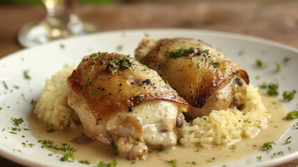 Savory tanzanian meal showcasing juicy roasted chicken thighs on a bed of fragrant rice, topped with fresh herbs