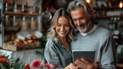 Altes Paar in der K&uuml;che mit Touchpad, mde ba AI