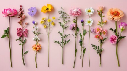Flat lay composition with different beautiful flowers on pale pink background
