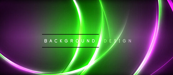 Neon glowing circle rays, light round lines in the dark, planet style neon wave lines. Energetic electric concept design for wallpaper, banner, background