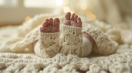 Fototapeta na wymiar A featuring baby feet adorned in socks against a soft, light beige backdrop, radiating warmth and innocence. Generative AI.