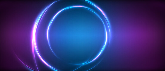 Neon glowing circle rays, light round lines in the dark, planet style neon wave lines. Energetic electric concept design for wallpaper, banner, background