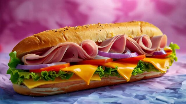 A long sub sandwich with ham, lettuce, tomatoes, and onions. The sandwich is on a table with a purple background