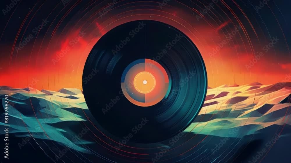 Poster a record is floating in the air with a colorful background. the record is surrounded by mountains an