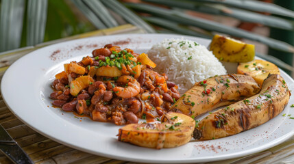 Traditional tanzanian dish with beans, shrimp, rice, grilled plantains, and fresh herb garnish served on a white platter