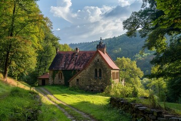 Ox Tower - Imsum - backwards aerial view with a view of a red brick tower at the foot of a landscaped cemetery. Beautiful simple AI generated image in 4K, unique.