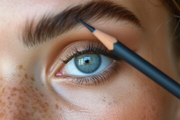 Eyebrow Pencil in Use Model using an eyebrow pencil to define and shape eyebrows, focusing on brow grooming