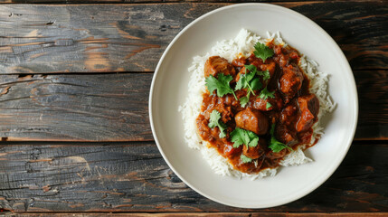 Traditional tanzanian beef stew with fresh coriander and white rice in a ceramic plate - authentic african dish