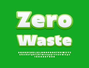 Vector ecologic icon Zero Waste. White and Green Bright Font. Modern Alphabet Letters and Numbers set.