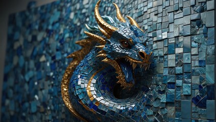Detailed mosaic of a blue dragon with golden horns in a captivating artistic design
