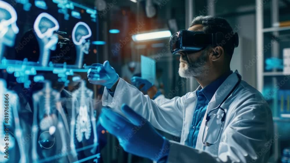 Poster a man in a white lab coat is wearing a virtual reality headset and looking at a computer monitor dis