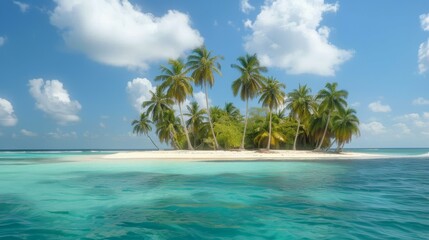Obraz premium Tropical paradise beach with white sand, palm trees, and crystal-clear turquoise water under a blue sky.