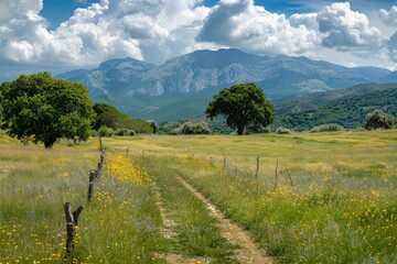 Naklejka premium Ox Tower - Imsum - backwards aerial view with a view of a red brick tower at the foot of a landscaped cemetery. Beautiful simple AI generated image in 4K, unique.