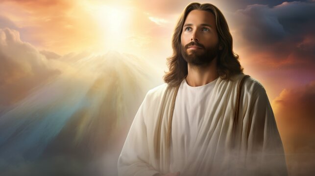 This image depicts a serene figure with long hair, wearing robes, set against a glowing, ethereal background.
