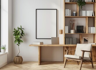 3D render Frame blank mockup. Study room wall poster mockup. Interior mockup with background. Modern interior design.