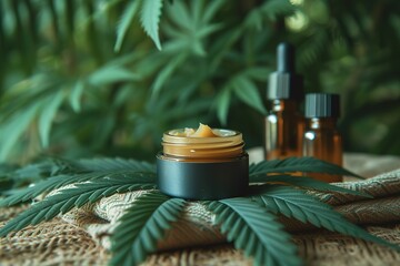 Jar with CBD lip balm near green cannabis leaves near bottles and towel close up