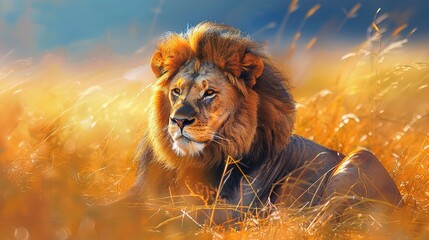 Naklejka premium spectacular lion in the savanna african wildlife landscape