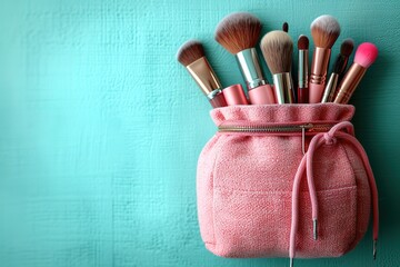 Make up products spilling out of a pastel pink cosmetics bag on to a turquoise background, with blank space at side