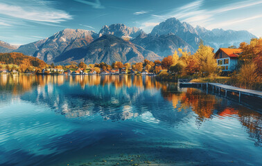 A picturesque scene of the idyllic town on Lake Daun surrounded by mountains, with reflections in...