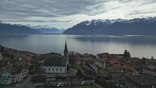 Drone footage of the Temple de Chexbres and Centre Paroissial de Chexbres in Chexbres, Switzerland
