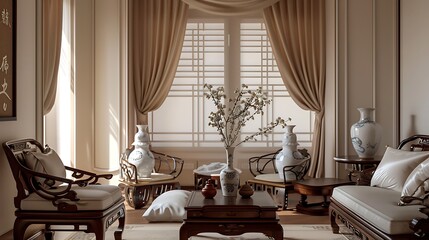 elegant living room with a subtle Asiainfluence