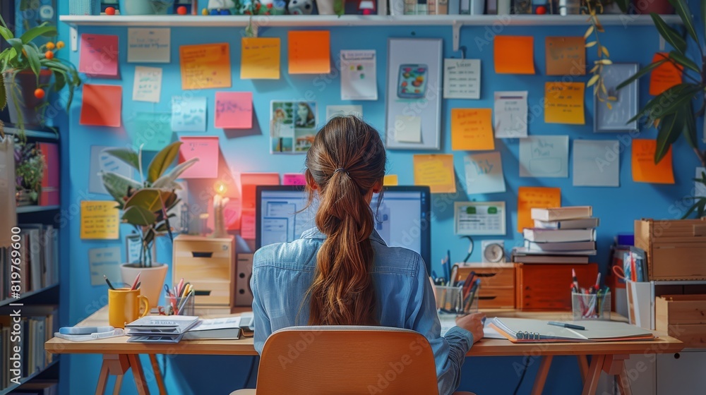 Poster the efficient multitasking of an administrative assistant, surrounded by a colorful array of office 
