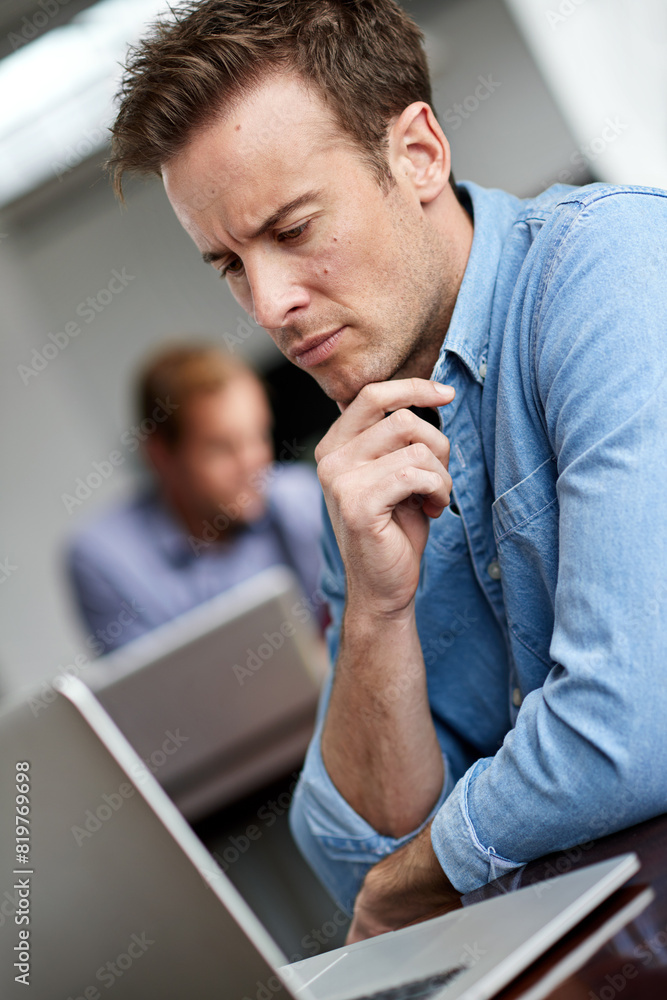 Poster businessman, laptop and thinking with decision for choice, research or browsing at office. young man