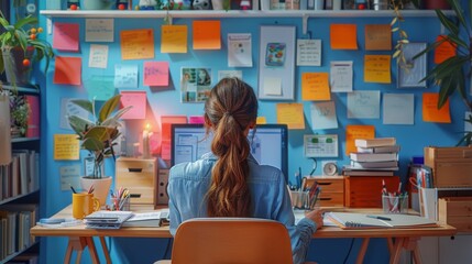 The efficient multitasking of an administrative assistant, surrounded by a colorful array of office supplies and computer screens, Their organized workspace is a hub of productivity. Generative AI.